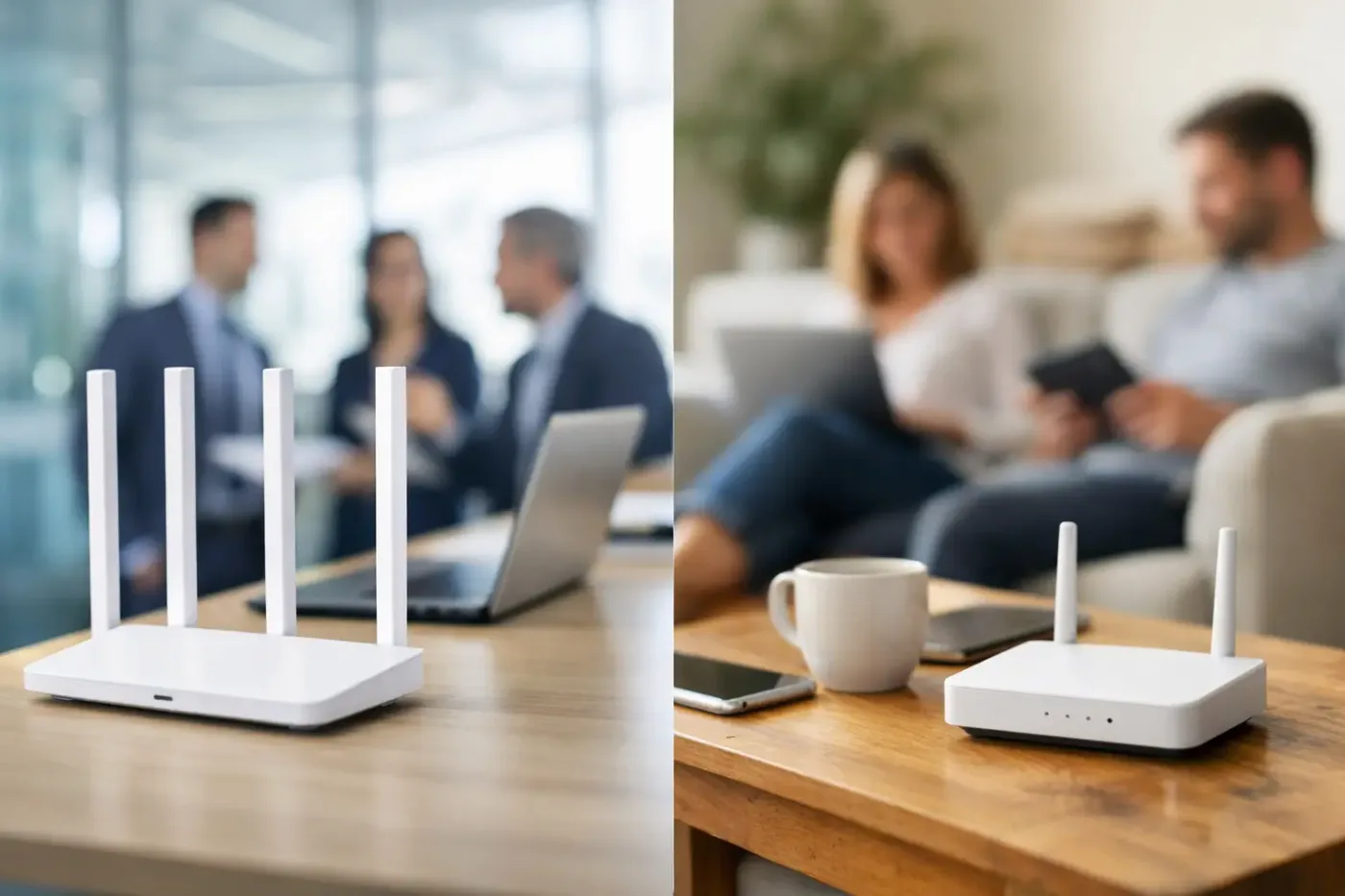 Comparación visual de router WiFi para oficina y router doméstico en entornos de trabajo