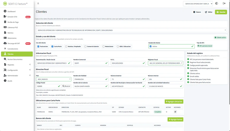 Catálogo de clientes en SOATI E-Factura
