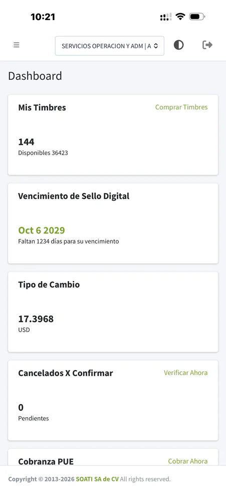 Dashboard móvil de SOATI E-Factura