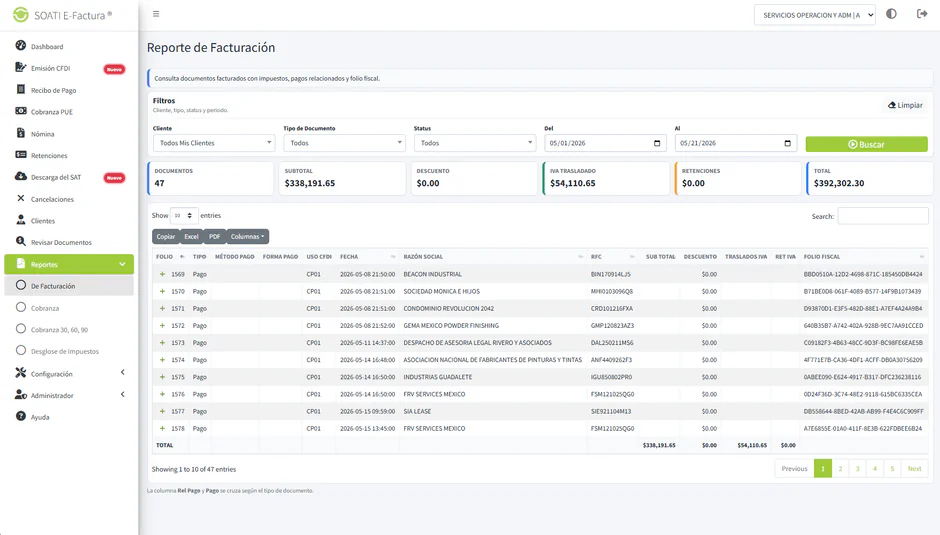 Reporte de facturación en SOATI E-Factura