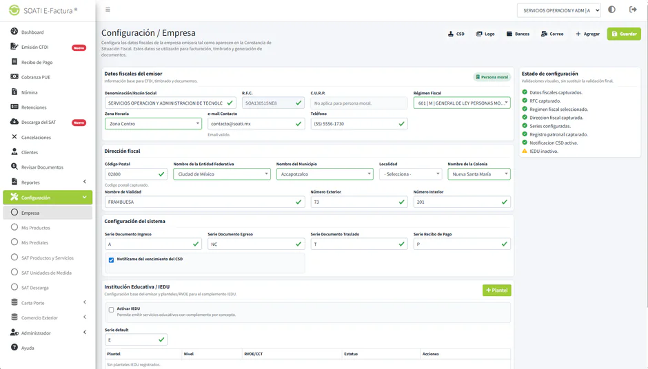 Configuración de empresa en SOATI E-Factura