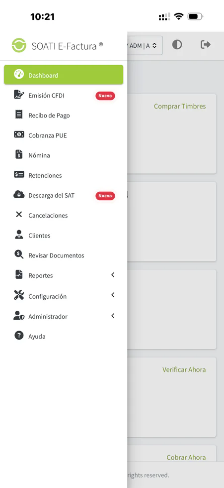 Menú móvil de SOATI E-Factura