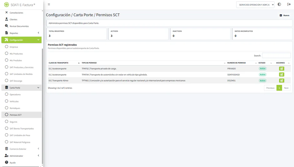 Catálogo de Permisos SCT para Carta Porte en SOATI E-Factura