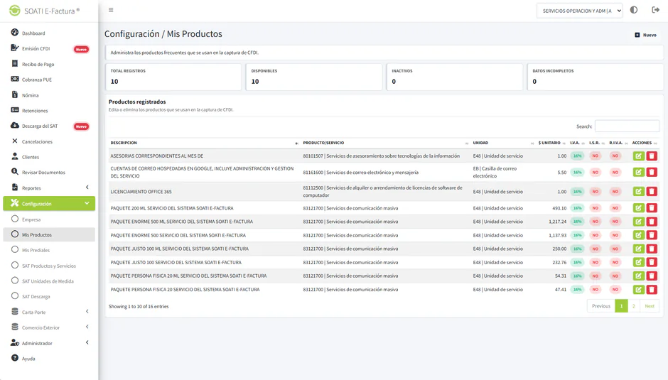 Catálogo de productos y servicios en SOATI E-Factura