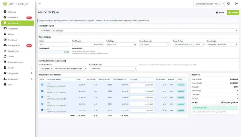 Recibo de pago en SOATI E-Factura