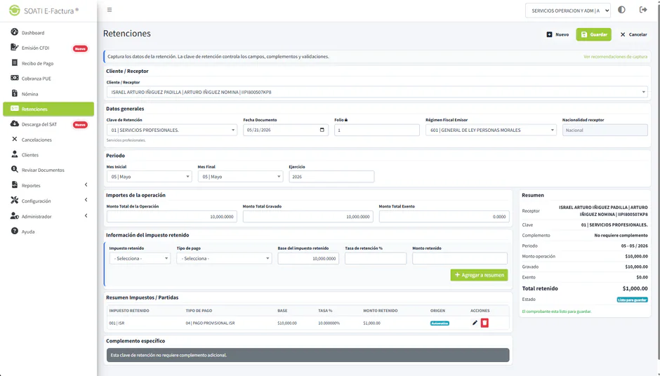 Retenciones en SOATI E-Factura